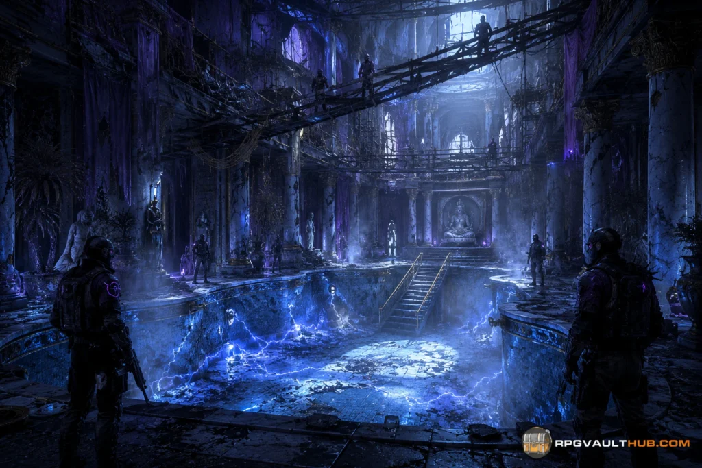 Abandoned luxury spa with electrified pool arena, fictional cyberpunk boss location concept art