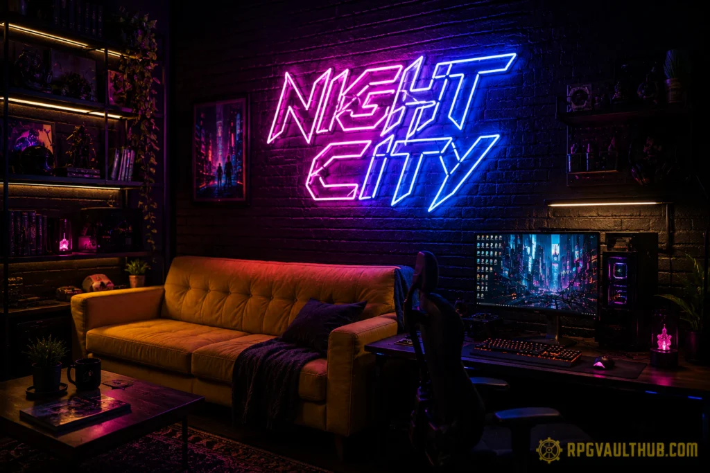 Cyberpunk 2077 Leather Jacket LED sign gaming room setup Night City neon guide