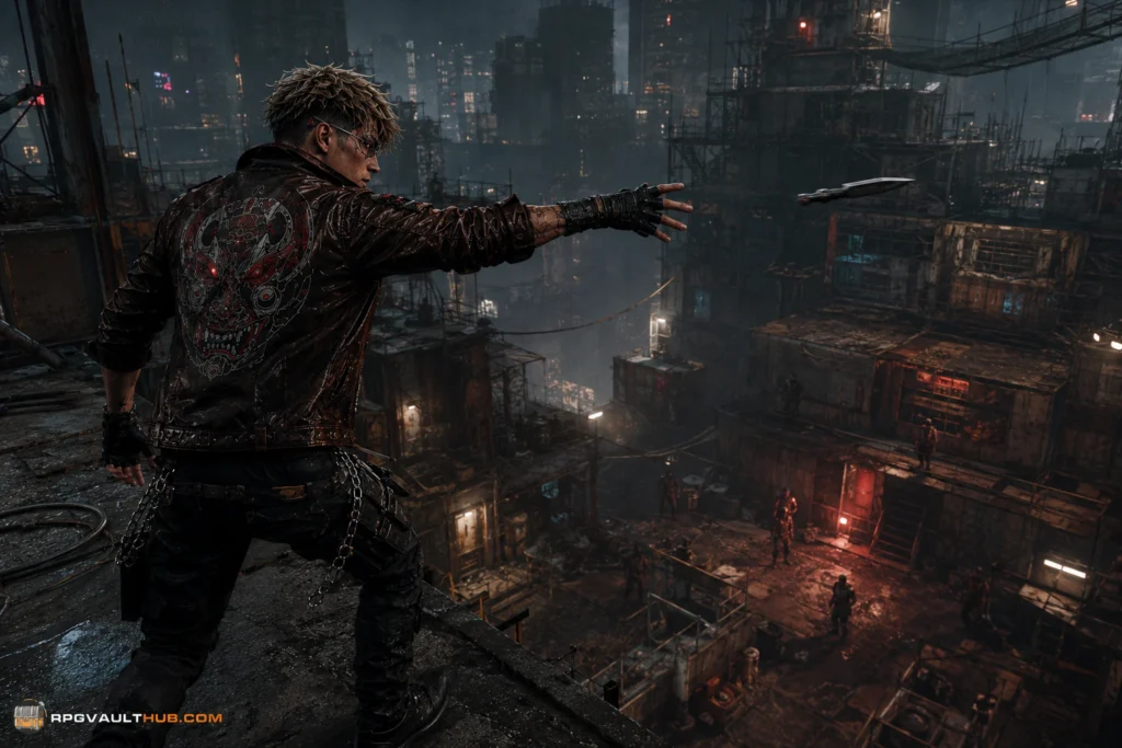 Cyberpunk mercenary character mid-throw with a stealth throwing knife on a rooftop, best build guide concept art