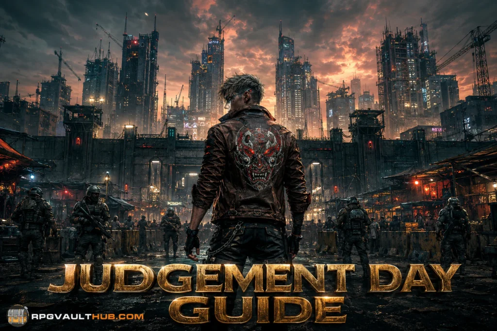 Cyberpunk mercenary character overlooking a walled militarized cyberpunk district at dusk, Judgement Day trophy guide hero image