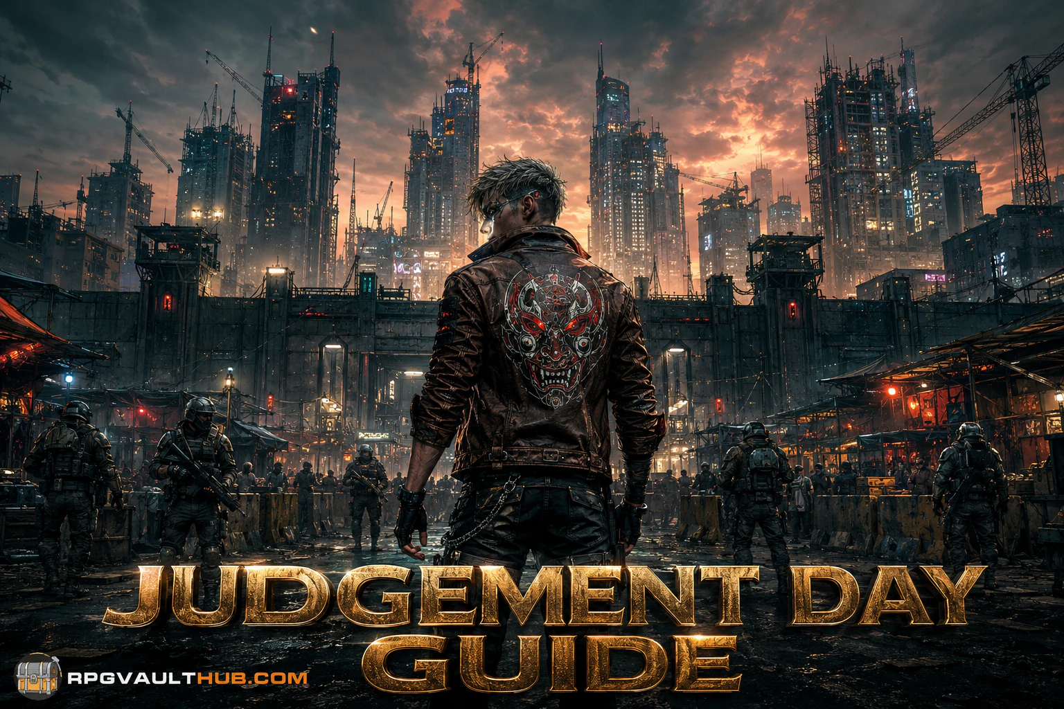 Cyberpunk mercenary character overlooking a walled militarized cyberpunk district at dusk, Judgement Day trophy guide hero image