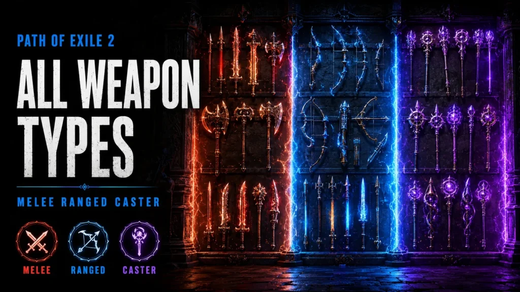 Path of Exile 2 weapons all types melee ranged caster sword bow staff spear