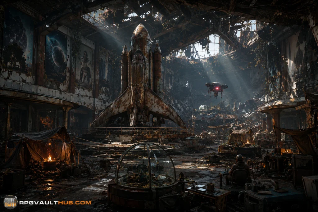Abandoned futuristic exhibition hall with rocket statue and hostile drone, fictional cyberpunk boss arena concept art