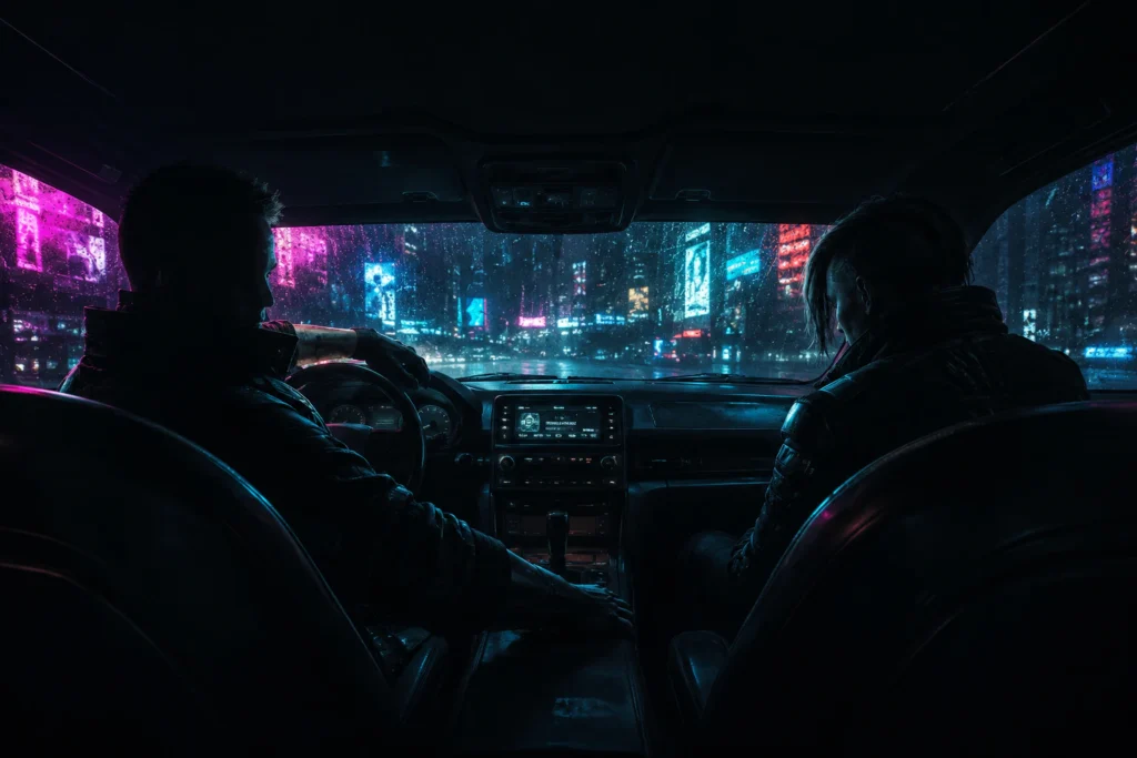 Buying a Cyberpunk 2077 CDKey mercenary characters inside neon lit car at night in Night City