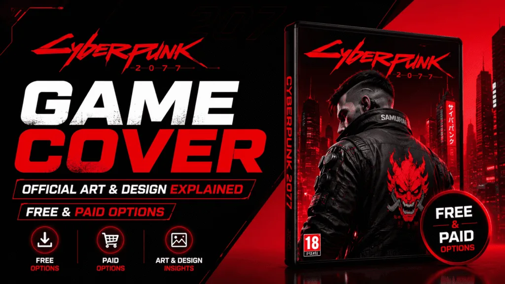 Cyberpunk 2077 game cover featuring official cover art in a black and red gaming theme, highlighting art and design explained with free and paid options.