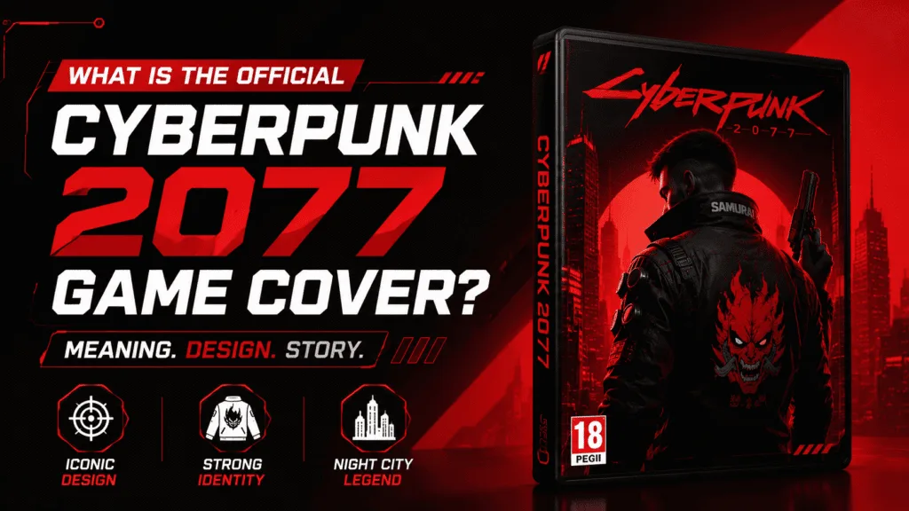 Official Cyberpunk 2077 game cover illustration showing the iconic cover design, Night City theme, and visual identity in a black and red gaming style.