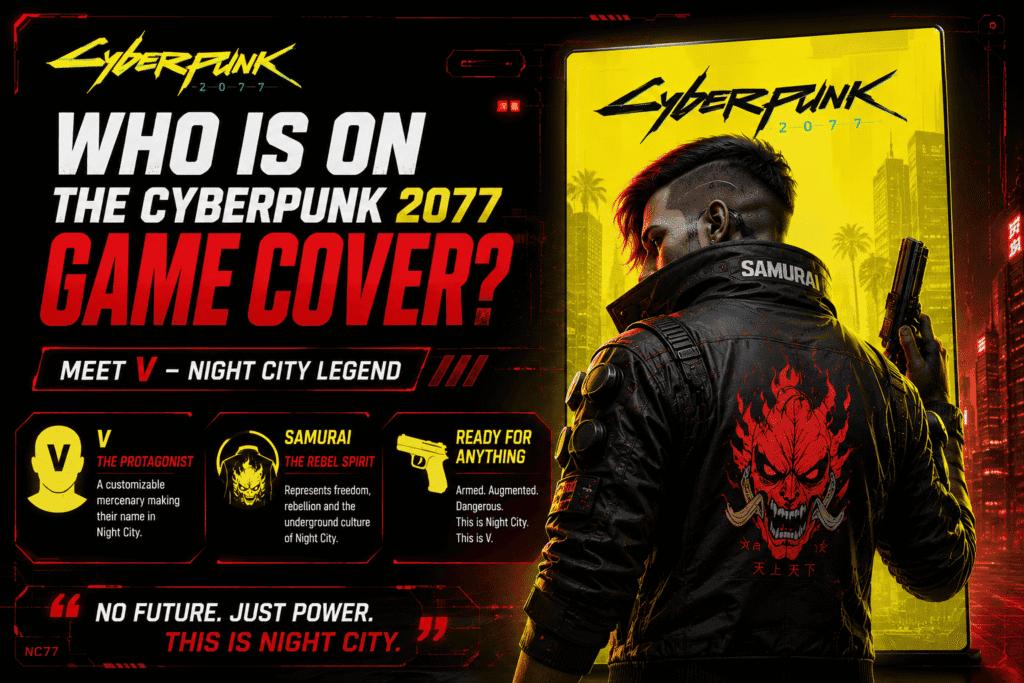 Who is on the Cyberpunk 2077 game cover featuring the default V character, Samurai jacket, and Night City artwork in a custom gaming illustration.