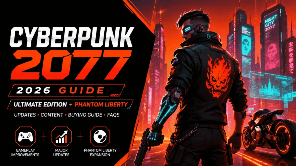 Cyberpunk 2077 Guide 2026 featured image showing a futuristic cyberpunk mercenary in a neon city representing the Ultimate Edition, Phantom Liberty, updates, and buying guide.