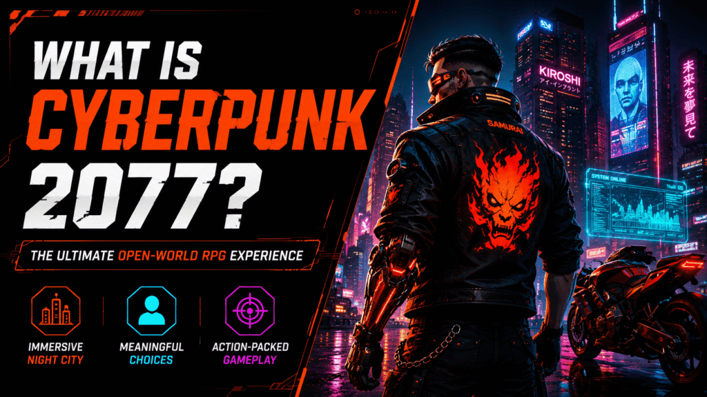 What Is Cyberpunk 2077 banner featuring a futuristic cyberpunk mercenary, neon Night City skyline, and open-world RPG gameplay highlights.
