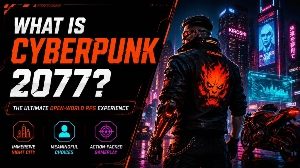 What Is Cyberpunk 2077 banner featuring a futuristic cyberpunk mercenary, neon Night City skyline, and open-world RPG gameplay highlights.