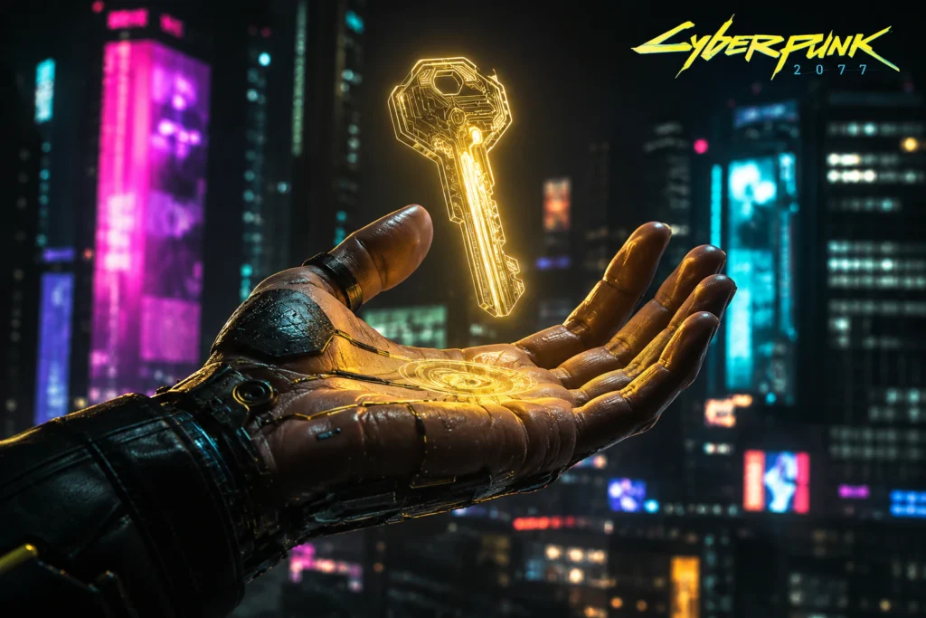 Cyberpunk 2077 CDKey digital activation code glowing in cyberware hand above Night City skyline