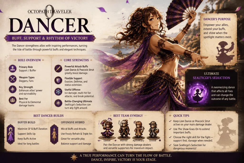 Octopath Traveler 0 Dancer skills build for physical and elemental teams