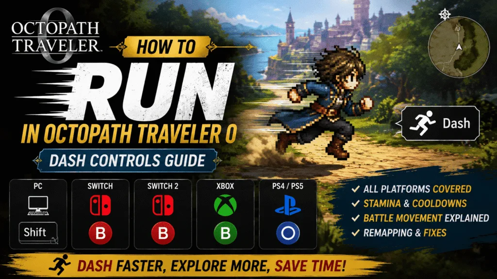 How to run in Octopath Traveler 0 showing Dash controls for PC, Switch, Xbox, and PlayStation