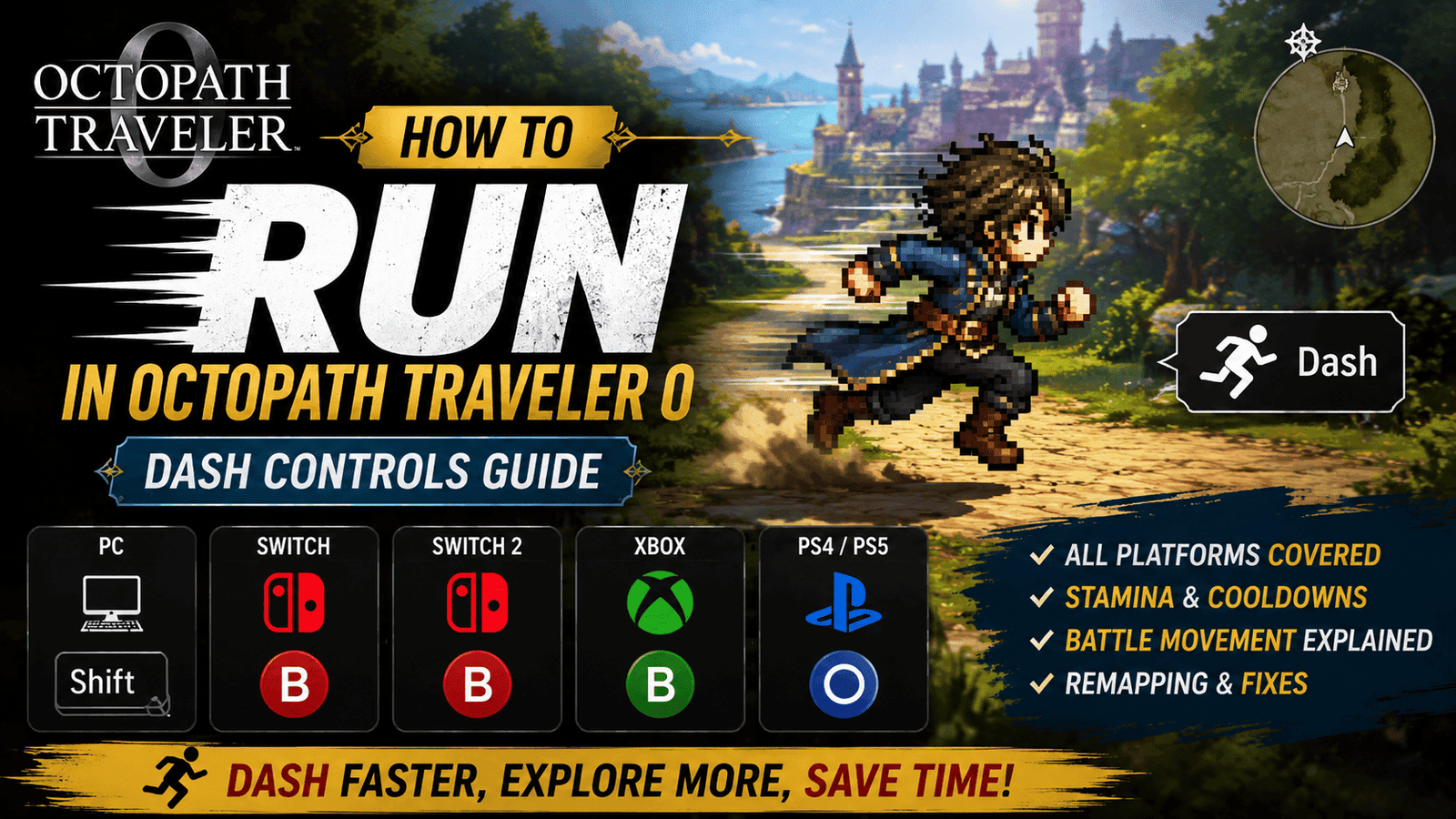 How to run in Octopath Traveler 0 showing Dash controls for PC, Switch, Xbox, and PlayStation