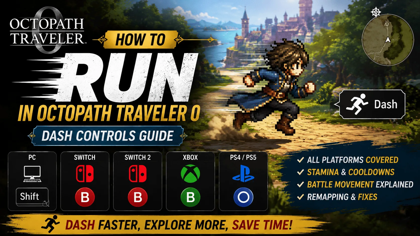 How to run in Octopath Traveler 0 showing Dash controls for PC, Switch, Xbox, and PlayStation