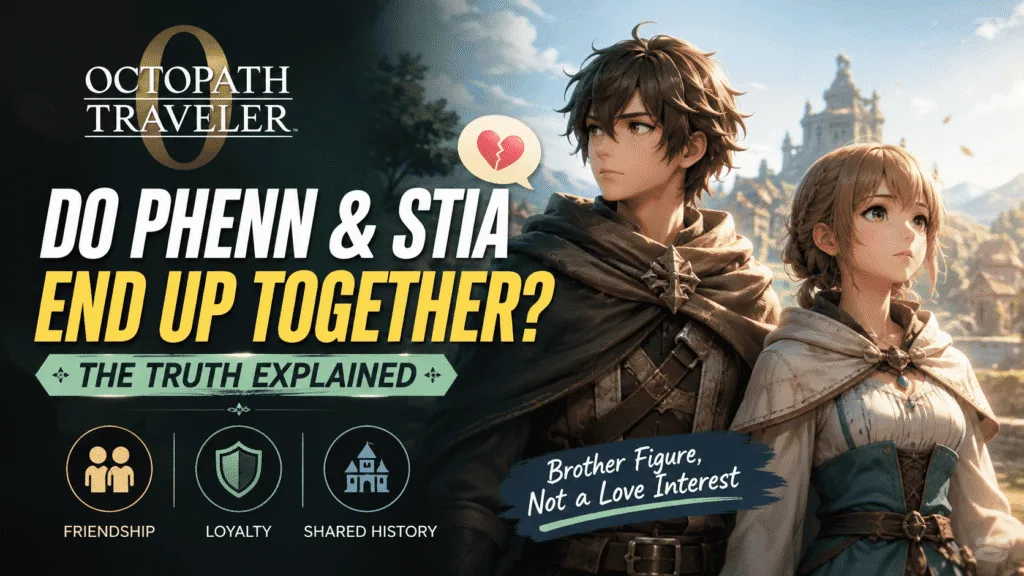 Phenn and Stia in Octopath Traveler 0 with text asking if they end up together